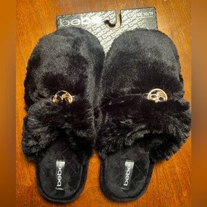 NWT Bebe Black Fuzzy Memory Foam Slippers